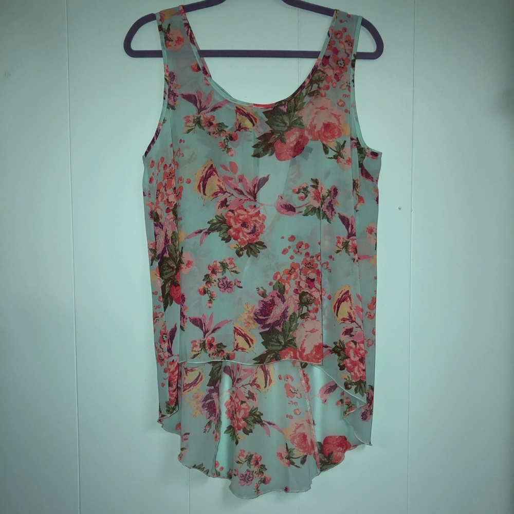 Forever 21 Floral High-low Sleeveless tunic tank- Pink and Aqua